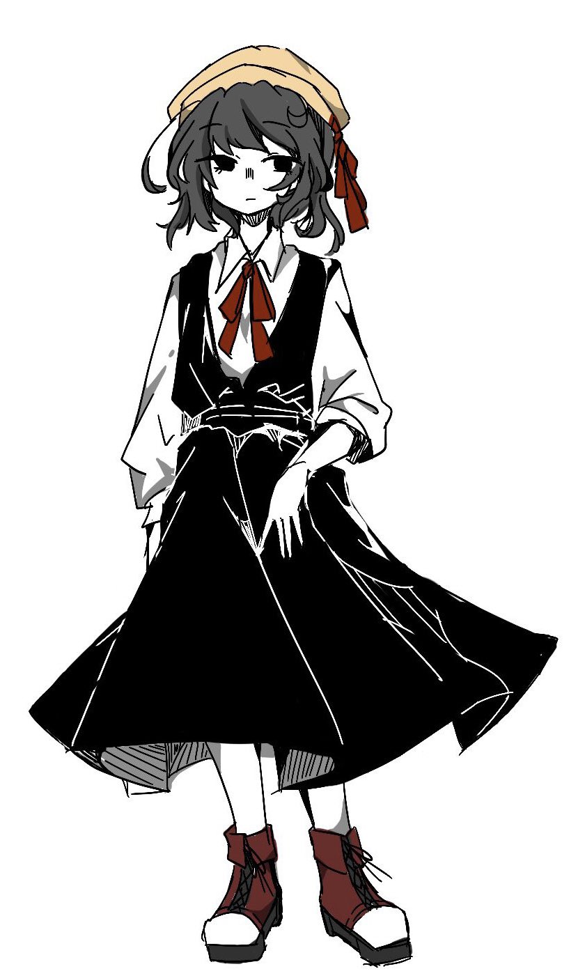 1girl, bad_id, bad_twitter_id, boots, bow, closed_mouth, collared_shirt, commentary, crescent, crescent_hair_ornament, empty_eyes, english_commentary, expressionless, footwear_ribbon, full_body, hair_ornament, hairclip, hat, hat_bow, highres, lace-up_boots, light_frown, long_skirt, long_sleeves, looking_at_viewer, neck_ribbon, original, partially_colored, pleated_skirt, red_boots, red_ribbon, ribbon, sailor_hat, shirt, short_hair, simple_background, skirt, skirt_set, solo, standing, three-quarter_sleeves, tsurugi_1953, v-neck, vest, white_background, yellow_hat