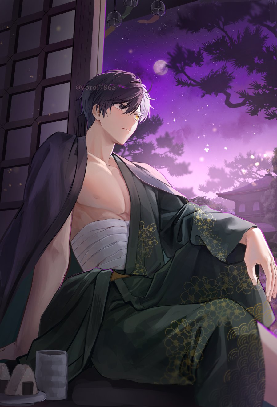 1boy, bandages, black_eyes, black_hair, closed_mouth, food, glass, green_kimono