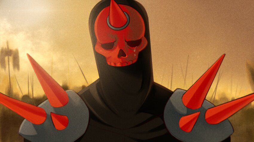 1boy, armor, black_hood, black_robe, commentary, crying, english_commentary, film_grain