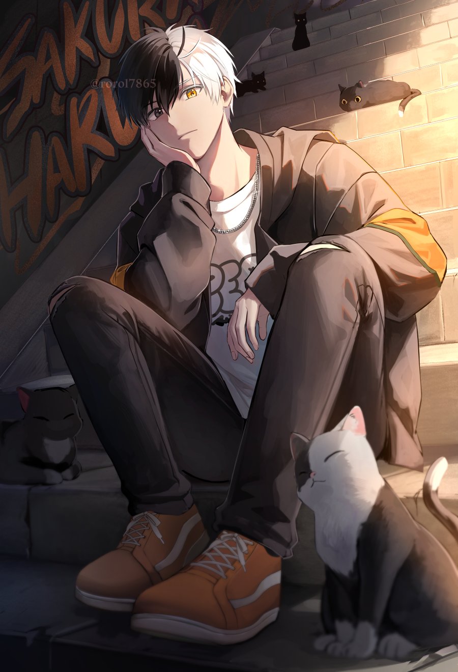 1boy, black_eyes, black_hair, black_jacket, black_pants, cat, highres, jacket