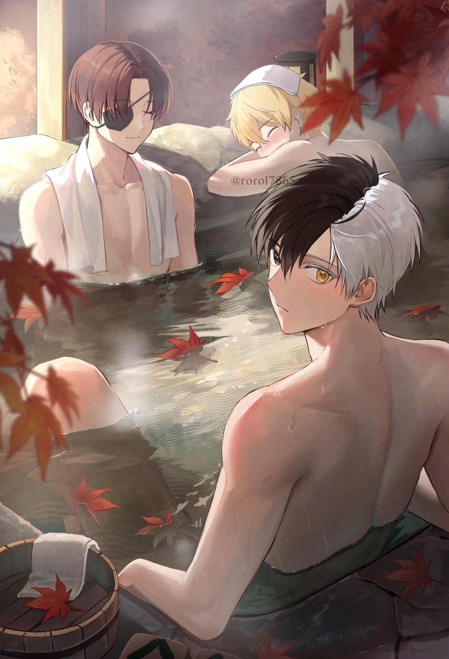 3boys, black_eyes, black_hair, blonde_hair, blush, brown_hair, closed_eyes, closed_mouth, eyepatch, heterochromia, highres, leaf, looking_at_viewer, male_focus, maple_leaf, multicolored_hair, multiple_boys, nirei_akihiko, nude, onsen, rorol7865, sakura_haruka_(wind_breaker), short_hair, smile, suo_hayato, topless_male, towel, towel_around_neck, towel_on_head, two-tone_hair, white_hair, wind_breaker_(nii_satoru), yellow_eyes