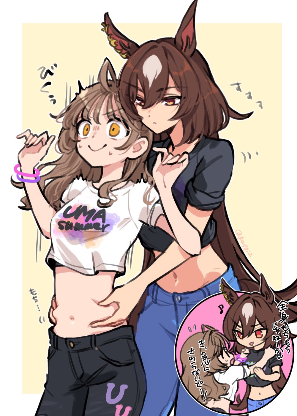 2girls, ahoge, animal_ears, black_pants, black_shirt, blue_pants, bracelet, breasts