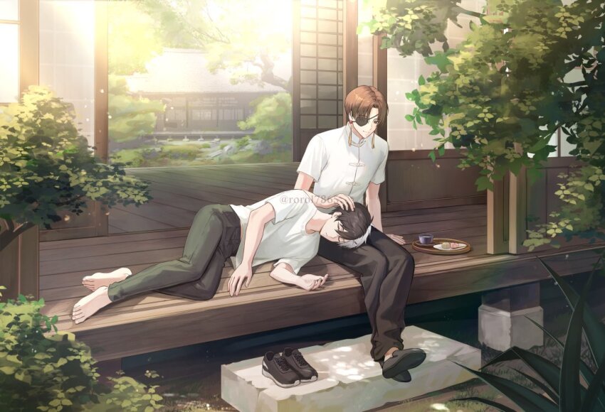 2boys, barefoot, black_footwear, black_hair, black_pants, brown_eyes, brown_hair, closed_eyes