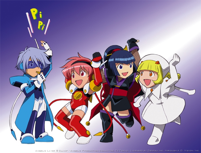 angelic_layer, black_hair, blanche, blonde_hair, blue_hair, hikaru_(angelic_layer), pink_hair, red_eyes, suzuka_(angelic_layer), wizard_(angelic_layer), yellow_eyes