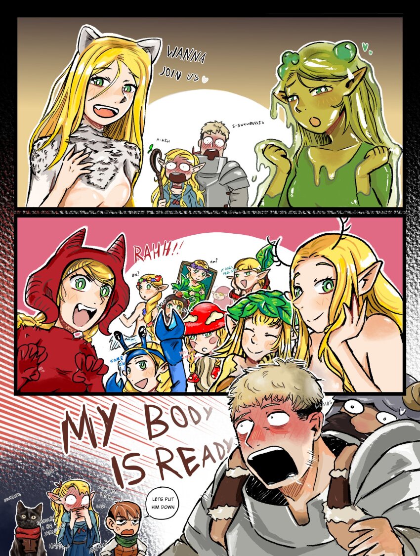 2girls, 3boys, 3koma, 6+girls, alternate_costume, among_us, anger_vein, armor, blonde_hair, blush, bright_pupils, brown_hair, cat, chilchuck_tims, comic, cosplay, crewmate_(among_us), crewmate_(among_us)_(cosplay), crossover, demon_girl, dryad, dungeon_meshi, elf, english_text, golem_(dungeon_meshi), gorget, green_eyes, highres, izutsumi, laios_touden, long_hair, marcille_donato, marcille_donato_(scylla), meme, mimic_(dungeon_meshi), monster_girl, multiple_boys, multiple_girls, multiple_persona, my_body_is_ready_(meme), odd_onion, open_mouth, pointy_ears, red_dragon_(dungeon_meshi), red_dragon_(dungeon_meshi)_(cosplay), reggie_fils-aime, restrained, sensei_(blue_archive), short_hair, slime_(creature), slime_girl, smile, succubus_(dungeon_meshi), walking_mushroom_(dungeon_meshi), walking_mushroom_(dungeon_meshi)_(cosplay), white_pupils
