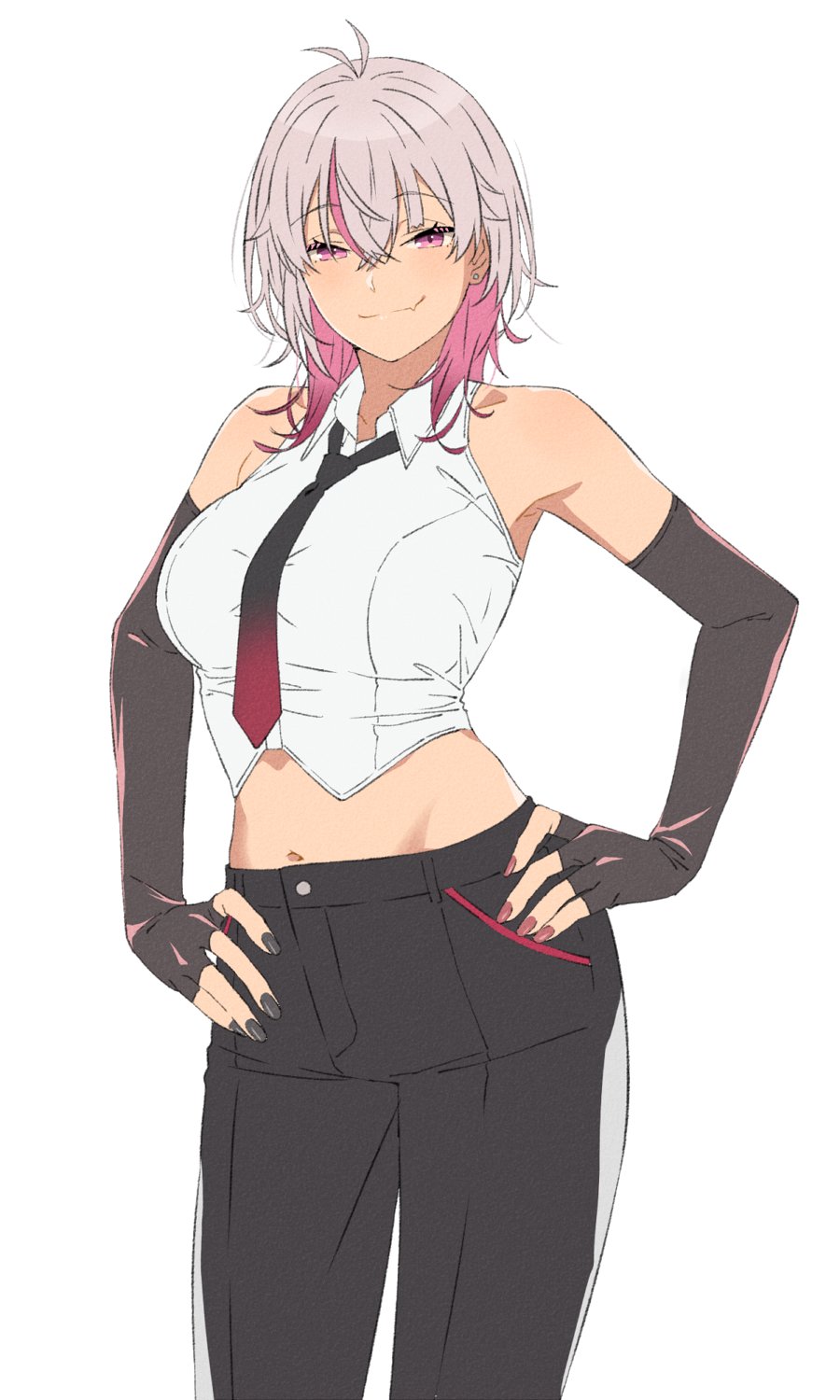 1girl, akitetsu, alternate_breast_size_(larger), bare_shoulders, black_necktie, black_pants, breasts, elbow_gloves, fingerless_gloves, gloves, hair_between_eyes, hands_on_own_hips, highres, large_breasts, looking_at_viewer, matsukai_mao, matsukai_mao_(4th_costume), midriff, nail_polish, navel, necktie, nijisanji, pants, pink_hair, shirt, simple_background, sleeveless, sleeveless_shirt, solo, virtual_youtuber, white_background, white_shirt