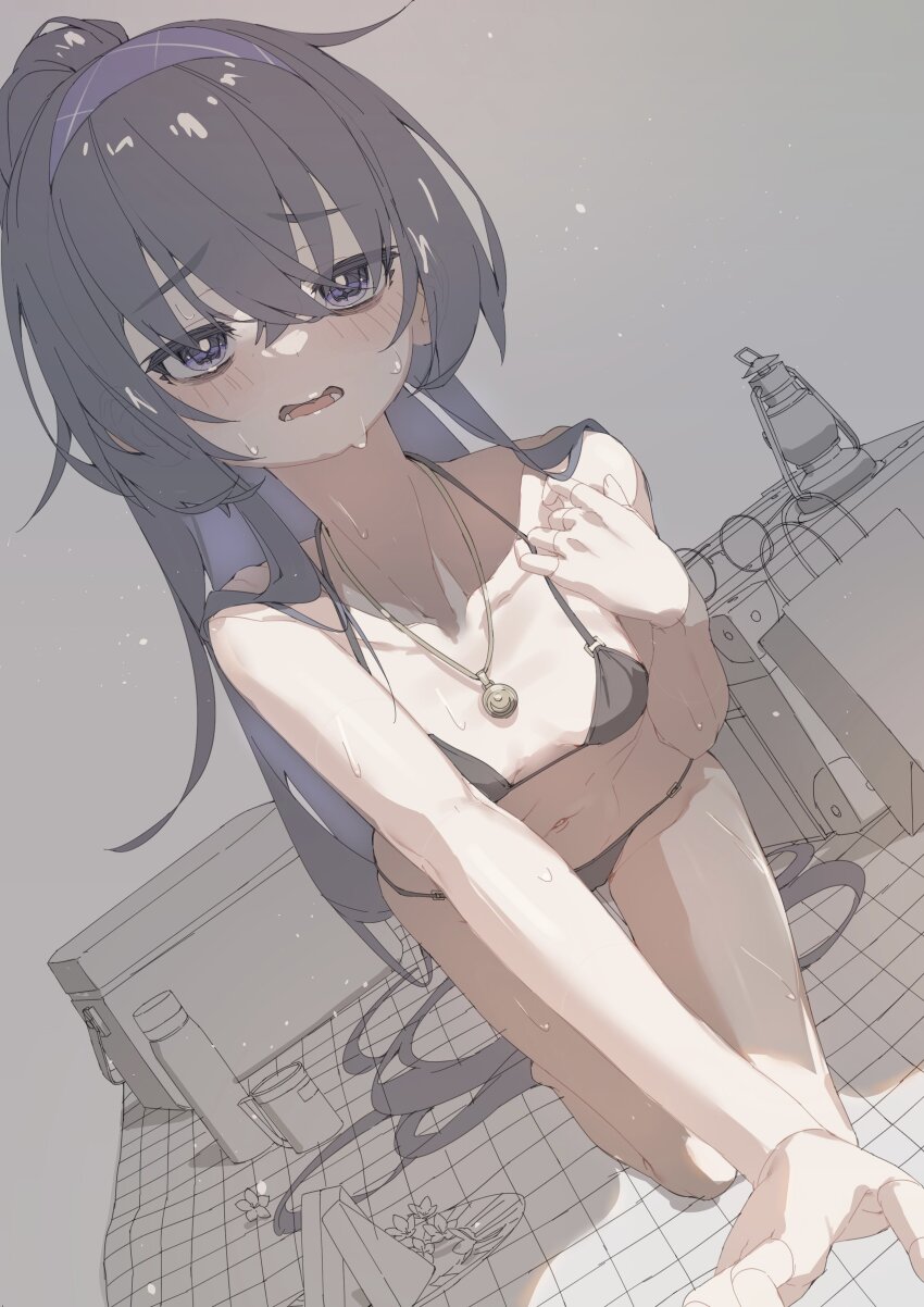 1girl, absurdres, bag, bags_under_eyes, bare_legs, barefoot, bikini, black_bikini