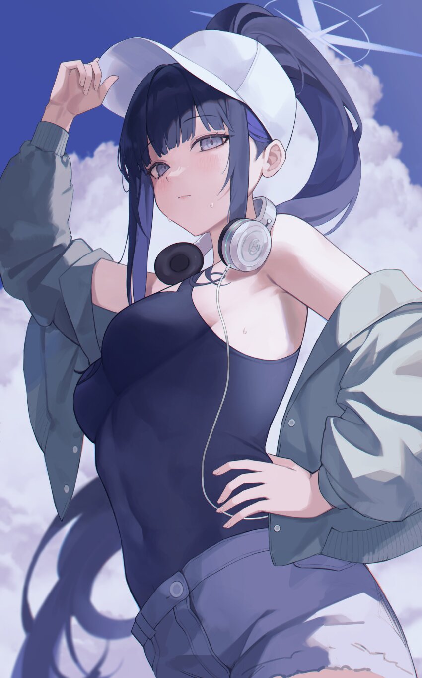 1girl, absurdres, aqua_jacket, baseball_cap, black_camisole, blue_archive, blue_halo, camisole