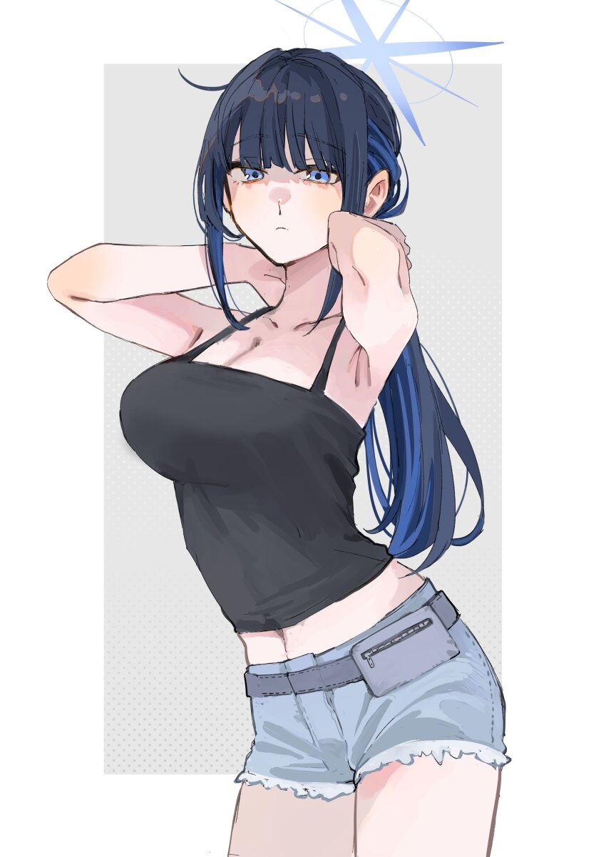 1girl, absurdres, black_camisole, blue_archive, blue_halo, border, breasts, camisole