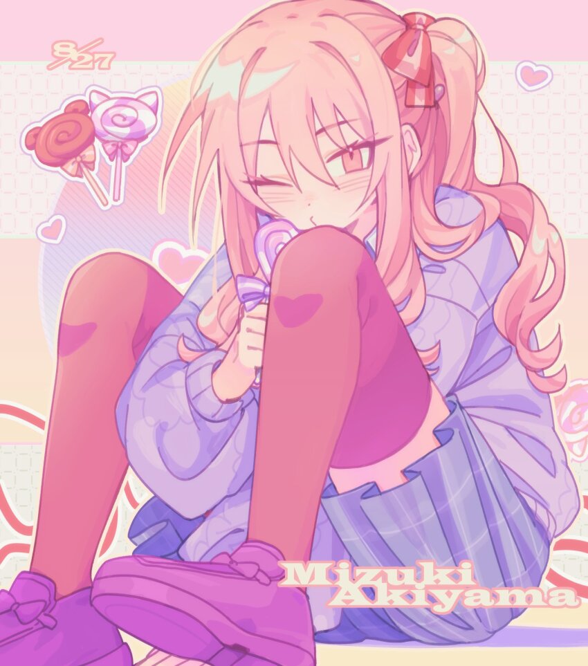 1other, akiyama_mizuki, blue_skirt, blush, bow, candy, character_name, closed_mouth, dated, food, full_body, hair_between_eyes, hair_bow, heart, highres, holding, holding_candy, holding_food, holding_lollipop, knees_up, lollipop, long_hair, long_sleeves, looking_at_viewer, luwwakk, miniskirt, one_eye_closed, other_focus, pink_eyes, pink_hair, plaid_clothes, plaid_skirt, pleated_skirt, project_sekai, puffy_long_sleeves, puffy_sleeves, purple_bow, purple_sweater, red_bow, red_thighhighs, side_ponytail, sidelocks, simple_background, sitting, skirt, striped_bow, sweater, thighhighs, zettai_ryouiki