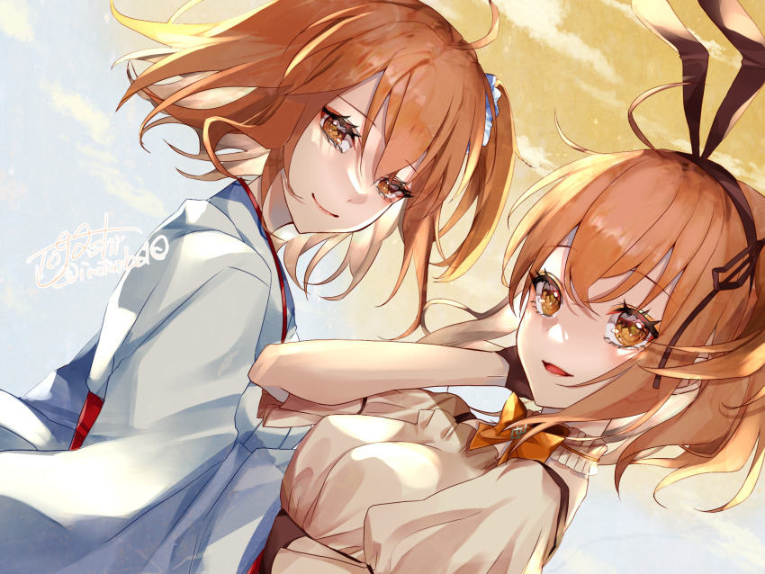 2girls, ahoge, animal_ear_hairband, animal_ears, artist_name, black_gloves, bow, bowtie