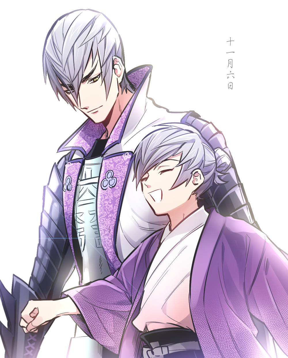 2boys, :d, ^_^, age_comparison, age_difference, aged_down, armor, closed_eyes