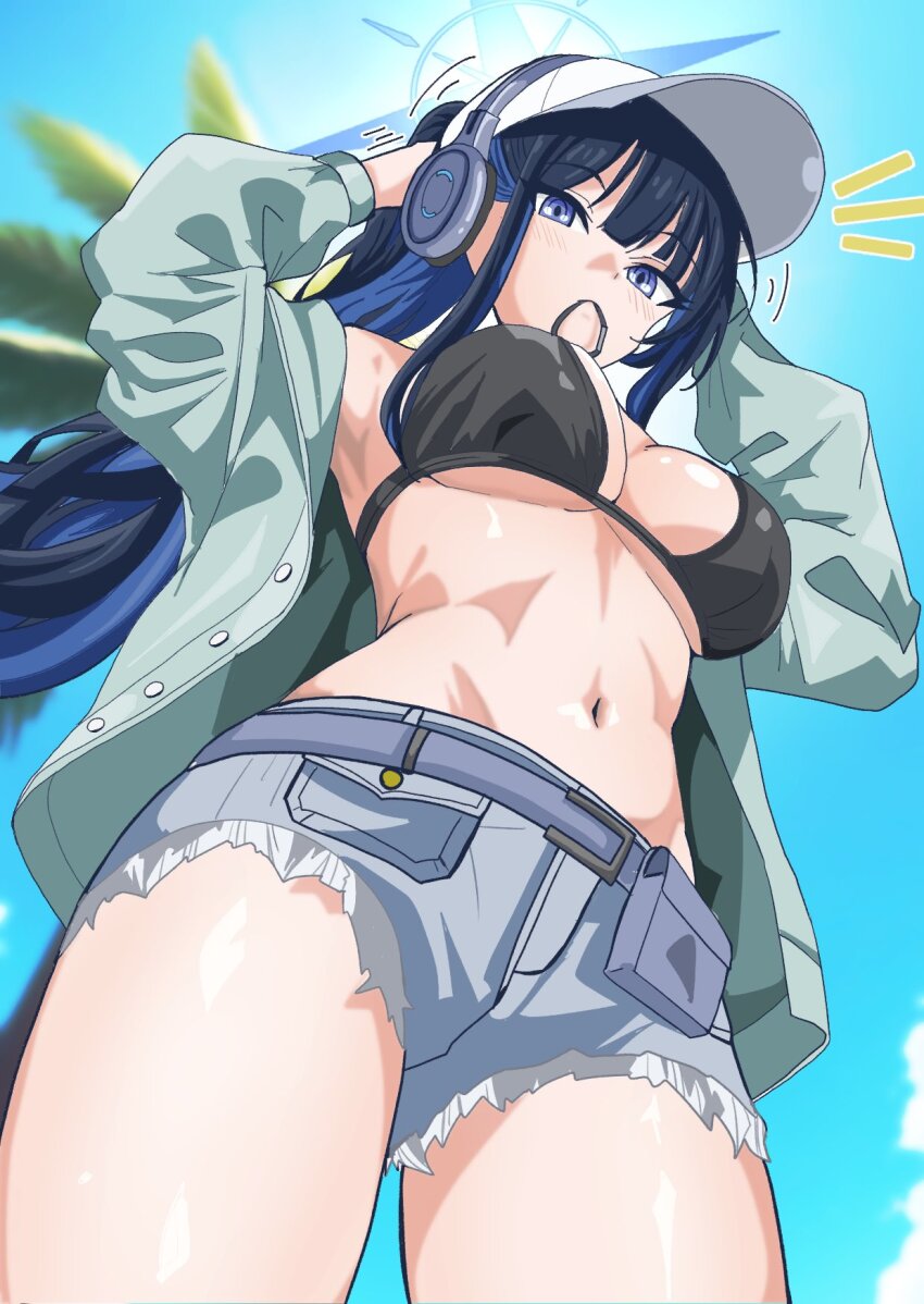 1girl, aqua_jacket, baseball_cap, belt_pouch, bikini, black_bikini, blue_archive, blue_halo, breasts, colored_inner_hair, cross_halo, denim, denim_shorts, halo, hat, highres, jacket, multicolored_hair, navel, nogawa_seroly, official_alternate_costume, pouch, saori_(blue_archive), saori_(swimsuit)_(blue_archive), shorts, solo, swimsuit, white_hat