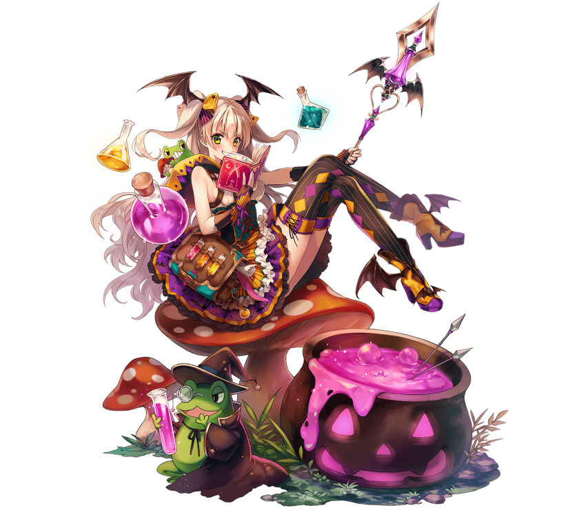 1girl, bat_wings, book, boots, frog, full_body, hair_ribbon, hat