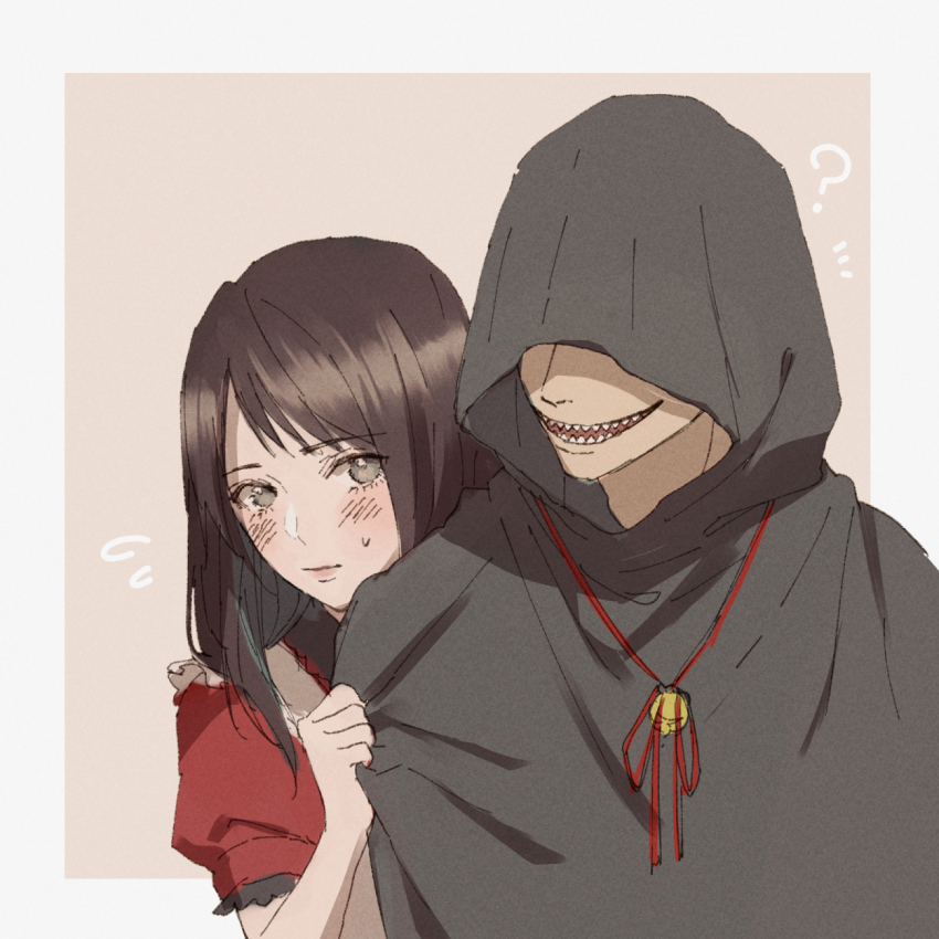 1boy, 1girl, ?, apron, blush, border, brown_hair, cheshire_cat_(yugami_no_kuni_no_alice)