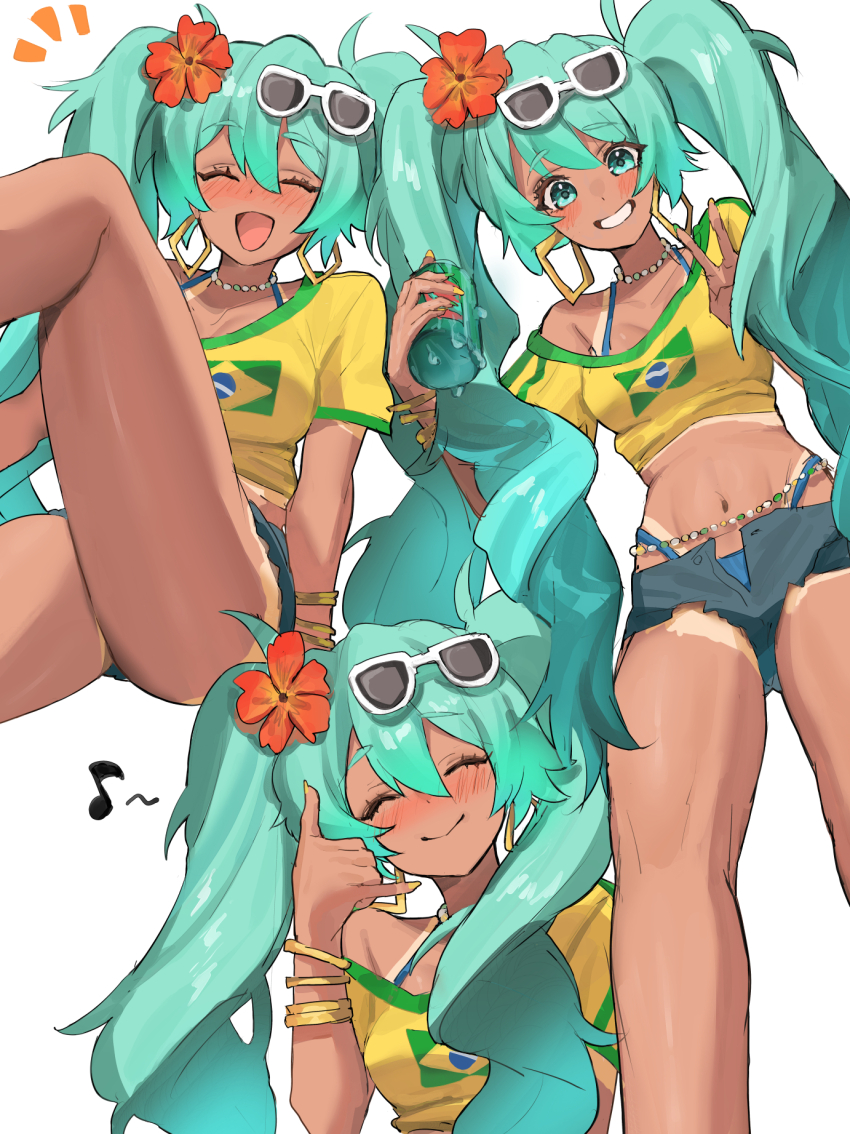 1girl, alternate_costume, aqua_eyes, aqua_hair, bikini, bikini_under_clothes, blue_bikini, bra_strap, bracelet, brazilian_flag, brazilian_flag_print, brazilian_miku, can, closed_eyes, commentary_request, cropped_shirt, dark-skinned_female, dark_skin, denim, denim_shorts, drink_can, earrings, eyewear_on_head, flag_print, flower, gold_bracelet, guarana_antarctica, hair_flower, hair_ornament, hatsune_miku, highres, holding, holding_can, jewelry, kanimiso_uni, long_hair, multiple_views, navel, open_fly, open_mouth, orange_flower, print_shirt, rectangular_earrings, shaka_sign, shirt, short_shorts, shorts, simple_background, smile, sunglasses, swimsuit, twintails, v, very_long_hair, vocaloid, white-framed_eyewear, white_background, yellow_shirt