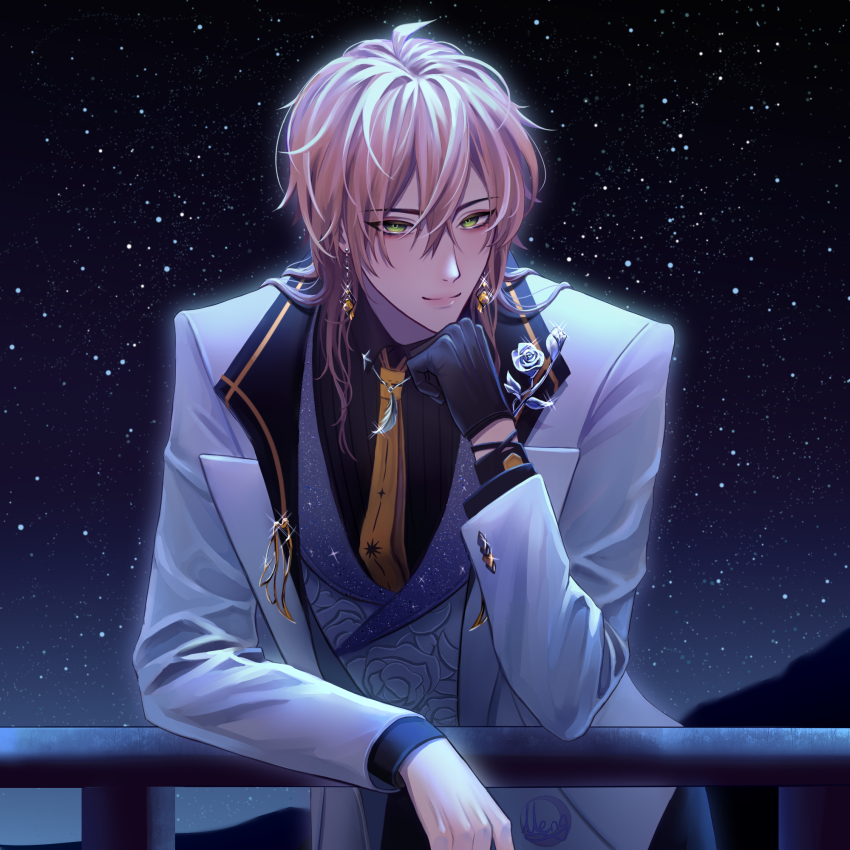 1boy, 713meng, against_railing, alkaid_mcgrath, alkaid_mcgrath_(star's_glow), bird_earrings, black_pants, black_shirt