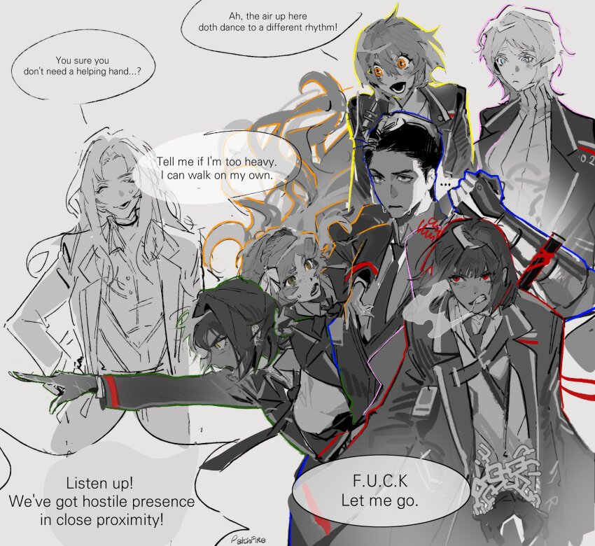 1boy, 6+girls, blue_eyes, bow, carrying, carrying_person, chained_wrists, coat