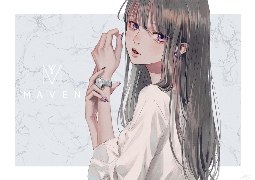 1girl, black_hair, border, copyright_name, earrings, from_side, highres, jewelry