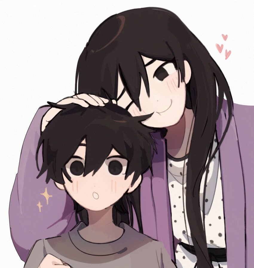 1boy, 1girl, :o, black_eyes, black_hair, blush, brother_and_sister, closed_mouth