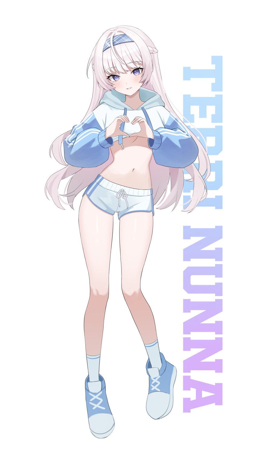1girl, absurdres, blue_hairband, blue_shoes, braid, character_name, crop_top, crop_top_overhang