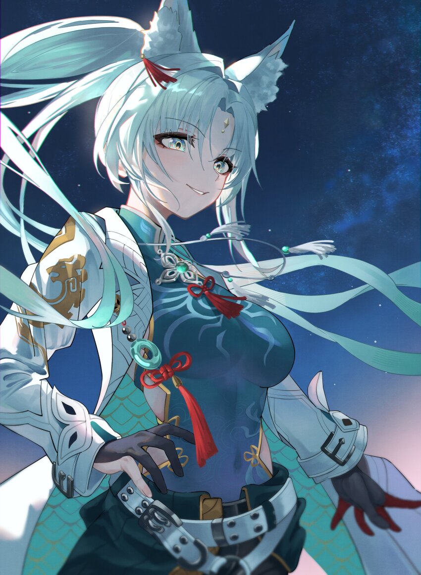 1girl, absurdres, animal_ear_fluff, animal_ears, azipou, black_gloves, black_shorts, blue_shirt