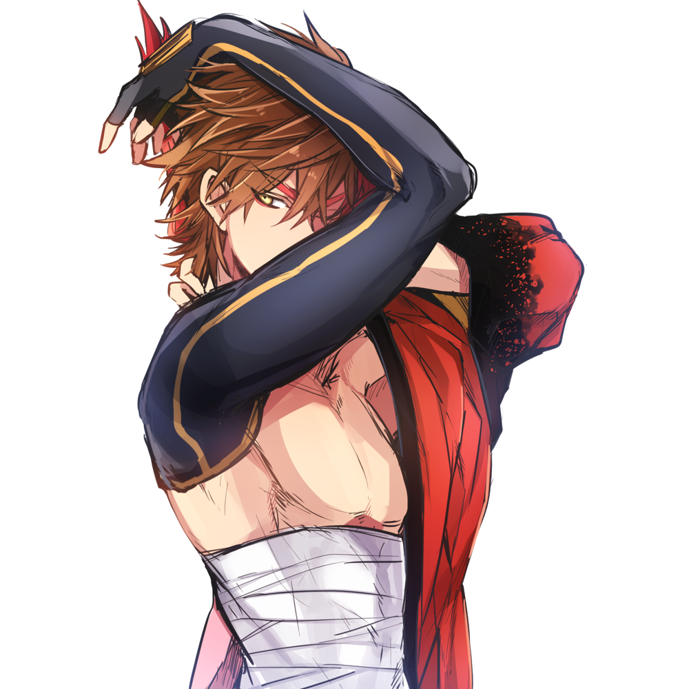 1boy, black_gloves, brown_hair, covered_mouth, fingerless_gloves, gloves, japanese_clothes, kimono