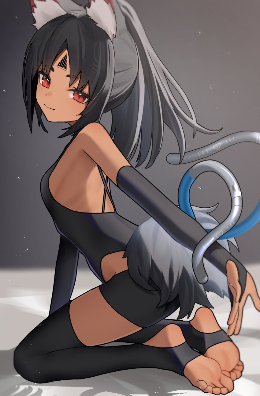 1girl, absurdres, animal_ear_fluff, animal_ears, black_hair, breasts, cat_ears, cat_girl, closed_mouth, dark-skinned_female, dark_skin, facial_mark, feet, forehead_mark, from_side, full_body, highres, indoors, long_hair, looking_at_viewer, multiple_tails, nekomiya_mana, parted_lips, ponytail, red_eyes, shadow, sidelocks, small_breasts, smile, soles, solo, tail, thomas_8000, toes, two_tails, zenless_zone_zero