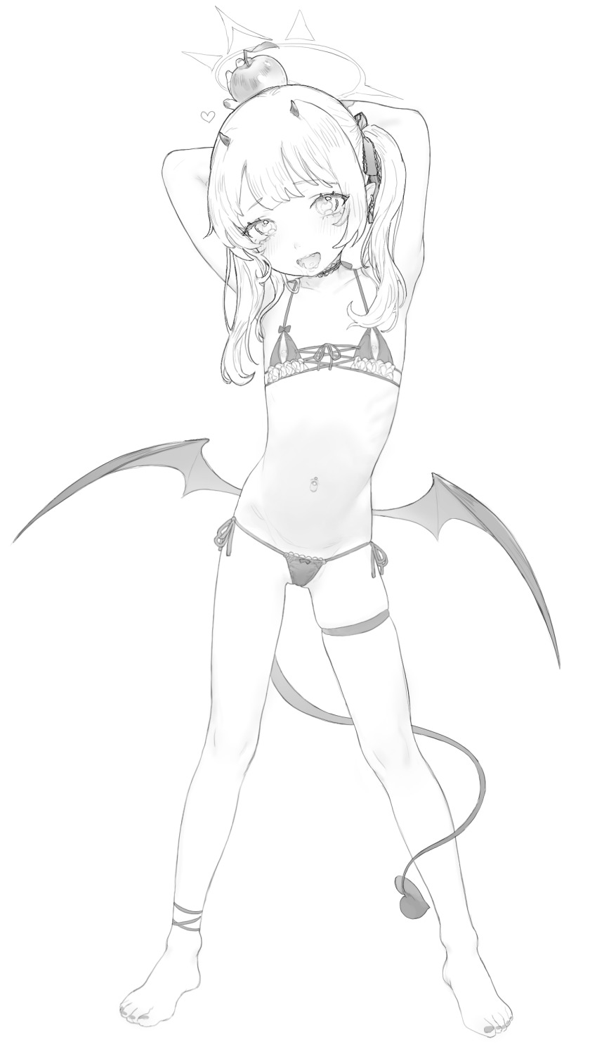 1girl, absurdres, apple, arms_up, barefoot, bikini, blue_archive, collarbone