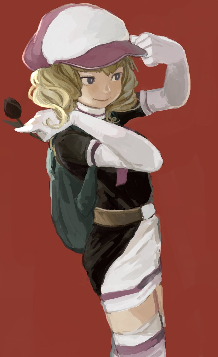 1girl, backpack, bag, black_eyes, black_flower, black_tulip, blonde_hair, bright_pupils