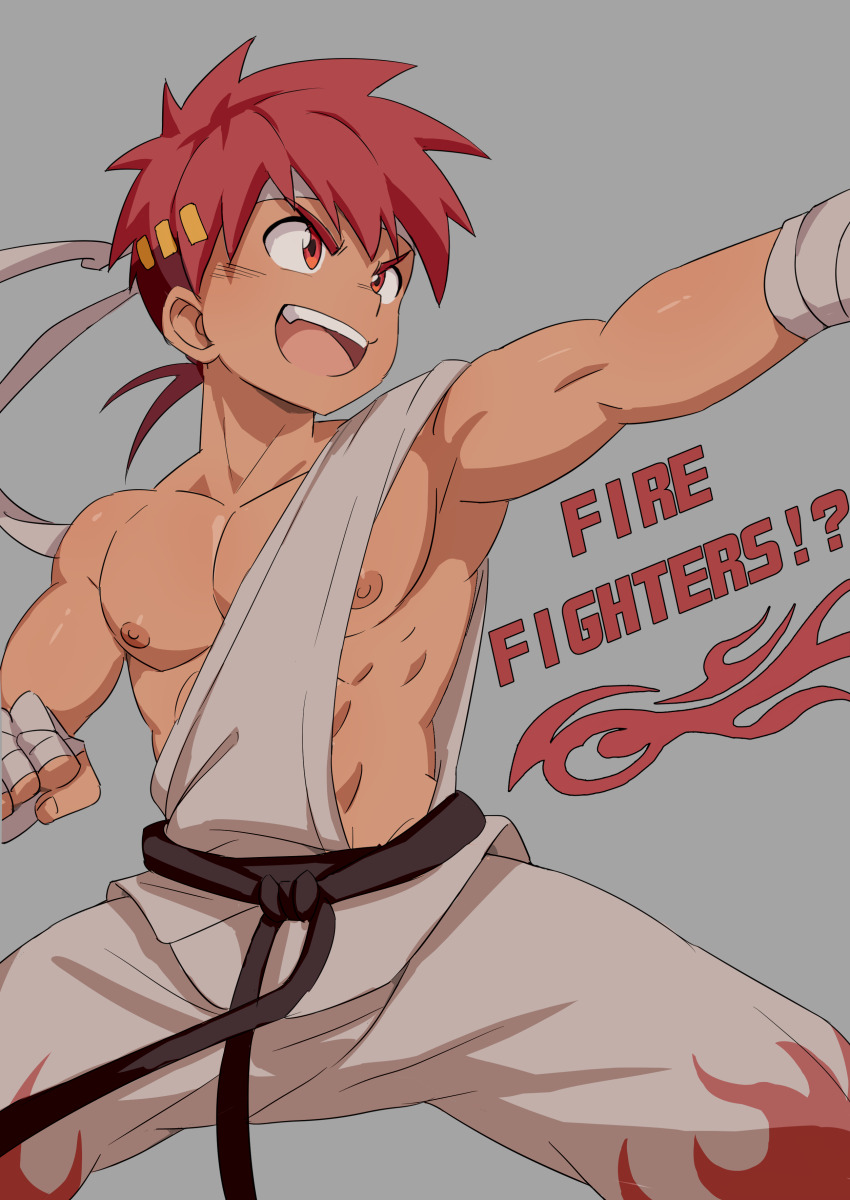 1boy, absurdres, amino_(aminor), collarbone, commentary, english_commentary, feet_out_of_frame, flame_print