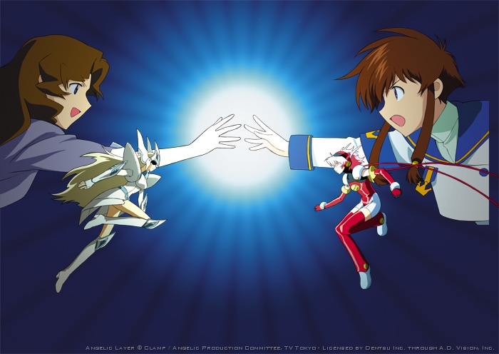 angelic_layer, athena_(angelic_layer), blonde_hair, blue_eyes, brown_hair, hikaru_(angelic_layer), red_eyes, school_uniform, serafuku, suzuhara_misaki, suzuhara_shuko