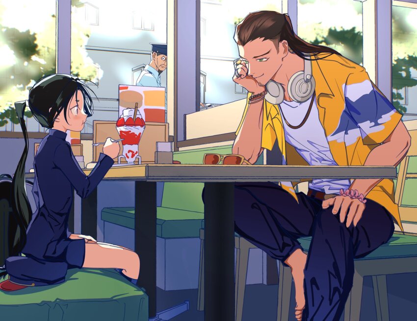 3boys, :t, adam's_apple, arm_support, ashikaga_takauji_(nige_jouzu_no_wakagimi), backpack, bag, barefoot, belt, black_hair, blue_hat, blue_jacket, blue_shirt, blue_shorts, blush, booth_seating, bracelet, brown_belt, brown_hair, casual, chair, cheek_bulge, child, closed_mouth, collared_shirt, contemporary, crazy_eyes, dddkomesobbb, denim, diner, eating, food, fruit, gakuran, glowing, green_eyes, half_updo, hand_on_lap, hand_on_own_knee, hat, head_rest, headphones, headphones_around_neck, highres, holding, holding_spoon, houjou_tokiyuki_(nige_jouzu_no_wakagimi), indoors, jacket, jeans, jewelry, knee_up, leaf, leaning_forward, long_hair, long_sleeves, looking_at_another, male_focus, menu, military_hat, multiple_boys, multiple_bracelets, multiple_rings, necklace, nige_jouzu_no_wakagimi, official_alternate_costume, ogasawara_sadamune, on_chair, open_clothes, open_shirt, orange-tinted_eyewear, pants, parfait, parted_bangs, peaked_cap, police, police_uniform, ponytail, purple_eyes, ring, school_uniform, scrunchie, shirt, shorts, sidelocks_tied_back, smile, spoon, strawberry, strawberry_parfait, sunglasses, table, thick_eyebrows, tinted_eyewear, tree, unworn_eyewear, unworn_hat, unworn_headwear, very_long_hair, whipped_cream, white_shirt, window, wing_collar, wooden_table, wrist_scrunchie, yellow-framed_eyewear, yellow_shirt