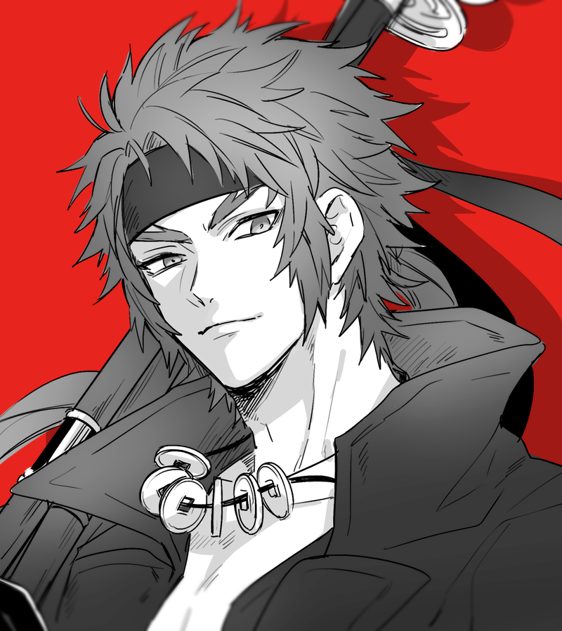 1boy, drop_shadow, greyscale_with_colored_background, hachimaki, headband, holding, holding_polearm, holding_weapon