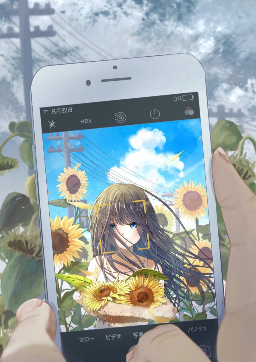 1girl, 1other, august_32nd, bare_shoulders, battery_indicator, blue_eyes, blue_sky, brown_hair