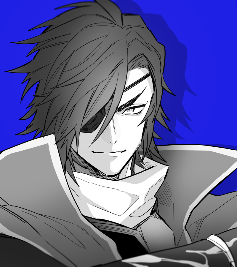 1boy, blue_background, date_masamune_(sengoku_basara), drop_shadow, eyepatch, greyscale_with_colored_background, hair_over_one_eye, kkkaaaayyy