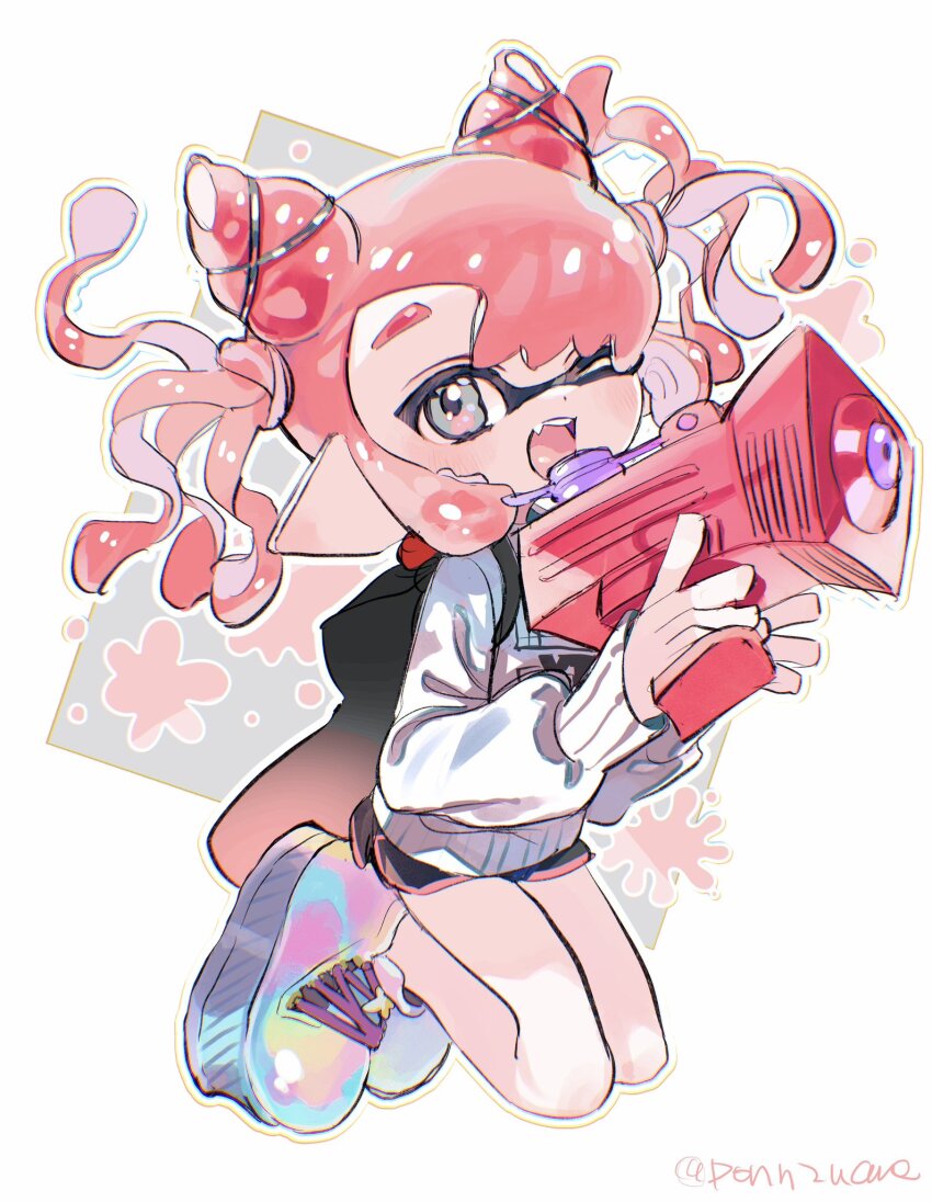 1girl, amezawa_koma, black_shorts, blue_eyes, boots, chromatic_aberration, commentary_request, dolphin_shorts