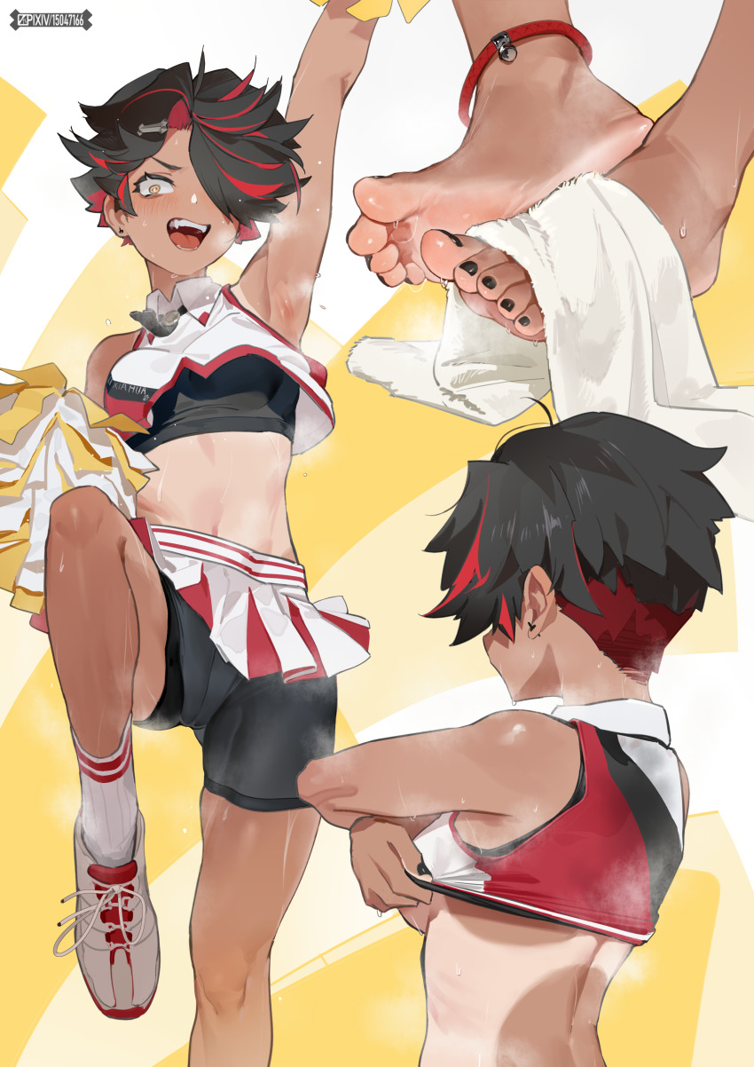 1girl, absurdres, barefoot, bike_shorts, black_hair, blush, cheerleader, dark-skinned_female