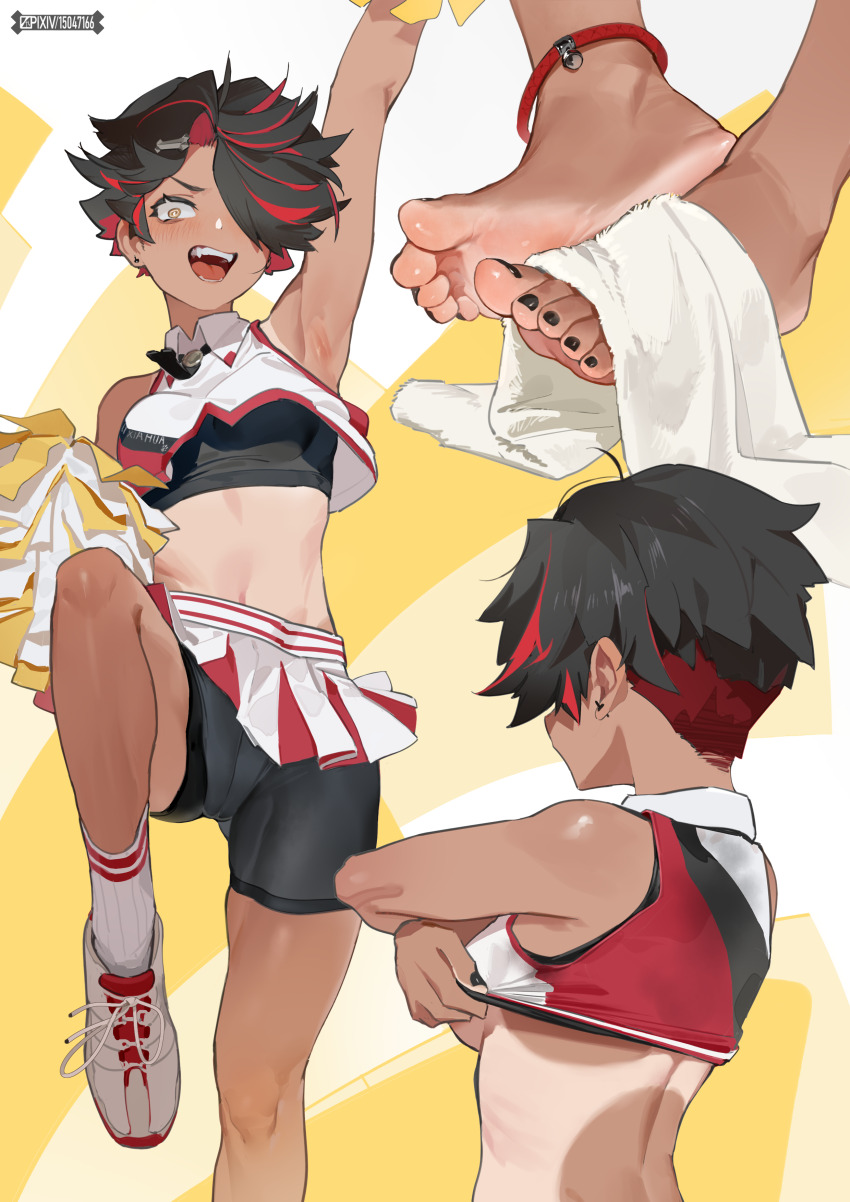1girl, absurdres, barefoot, bike_shorts, black_hair, blush, cheerleader, dark-skinned_female