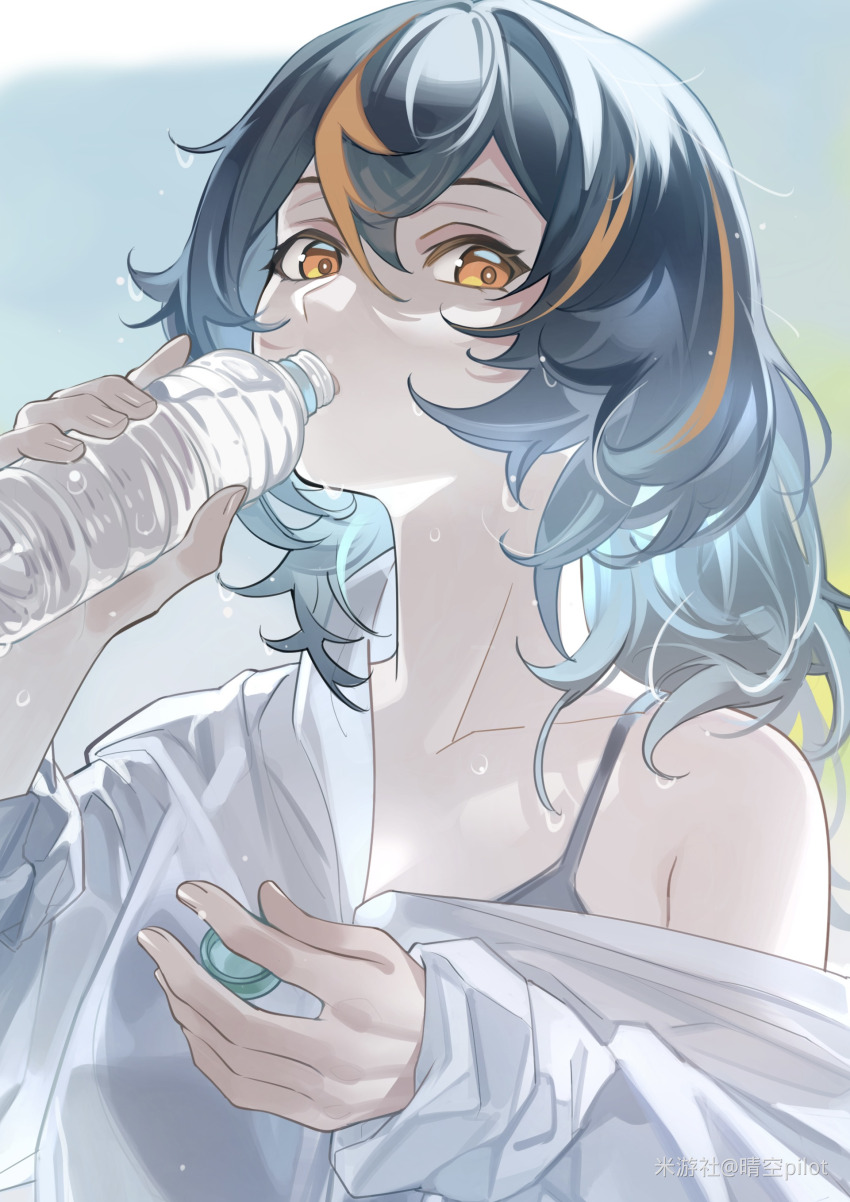 1girl, absurdres, black_camisole, black_hair, bottle, bottle_cap, camisole, chinese_commentary