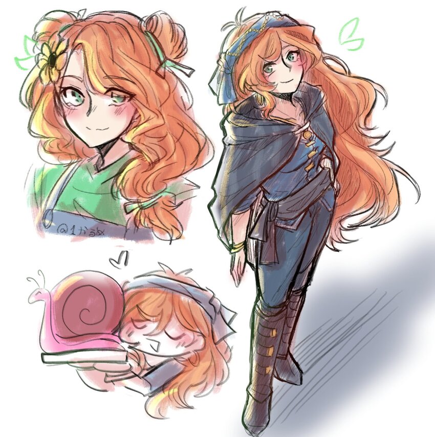 2girls, blue_headband, blue_overalls, blue_pants, blue_shirt, blush, boots, brown_footwear, cape, commentary, double_bun, dual_persona, english_commentary, flower, full_body, geminitay, geminitay_(fisherman), green_eyes, green_sweater, hair_bun, hair_flower, hair_ornament, hand_on_own_hip, headband, hermitcraft, highres, ku_ibe, long_hair, looking_at_viewer, minecraft_youtube, multiple_girls, official_alternate_costume, orange_hair, overalls, pants, shirt, signature, simple_background, sketch, smile, snail, standing, sweater, very_long_hair, wavy_hair, white_background