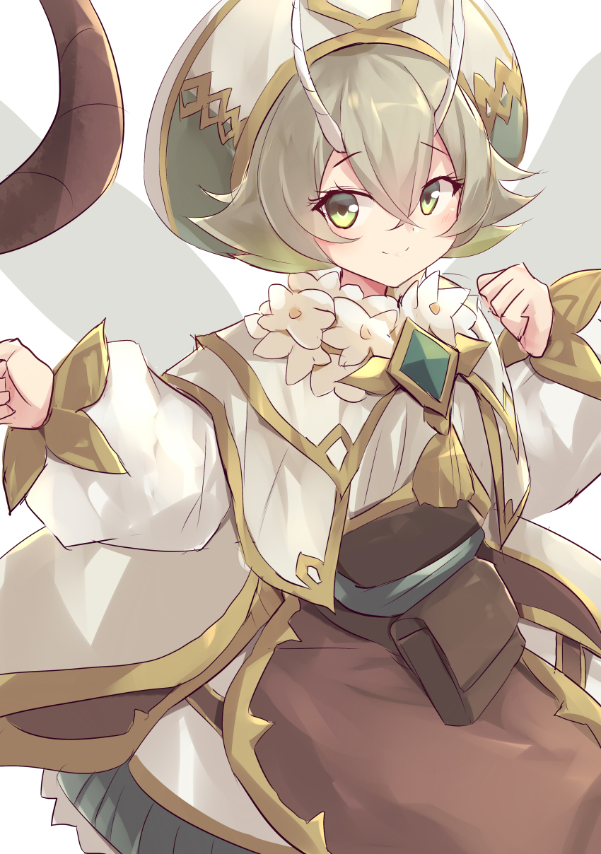 1girl, absurdres, antennae, bag, duel_monster, fairyant_the_circular_sorcerer, flower, green_eyes, grey_hair, highres, kanzakietc, looking_at_viewer, medium_hair, robe, sitting, smile, solo, white_robe, yu-gi-oh!