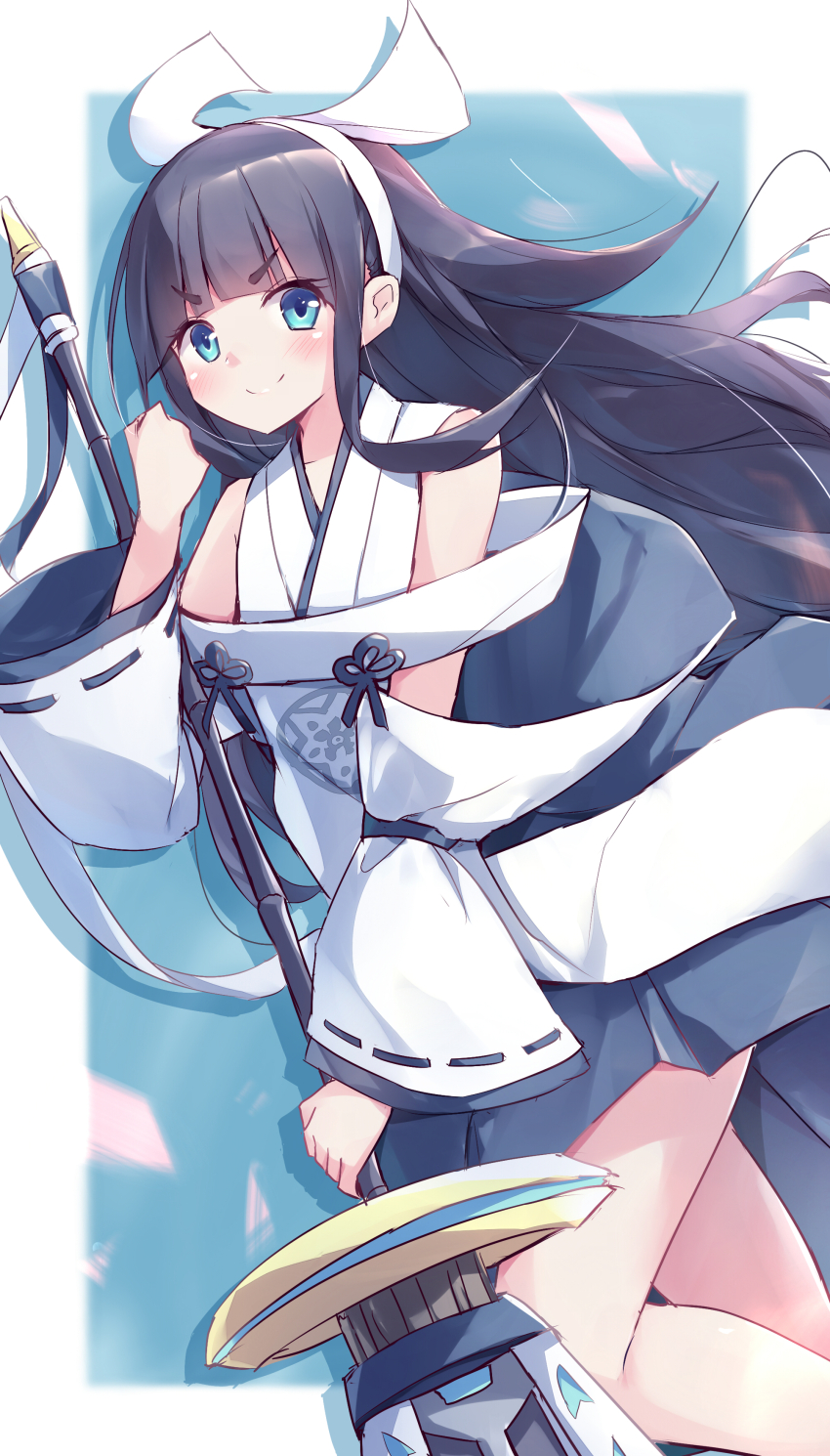 1girl, absurdres, black_hair, blue_eyes, broom, detached_sleeves, duel_monster, hairband