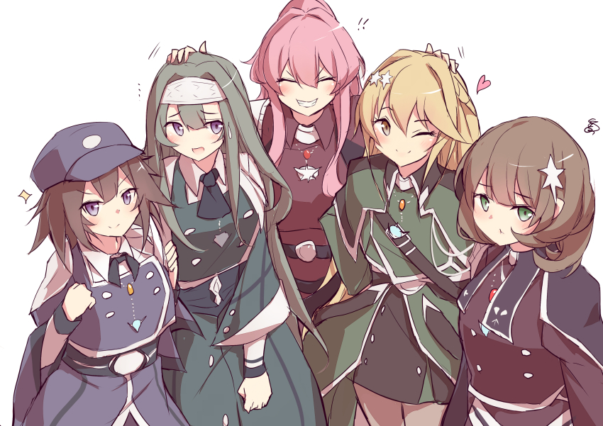 5girls, absurdres, baseball_cap, black_dress, blonde_hair, brown_hair, closed_eyes, dress