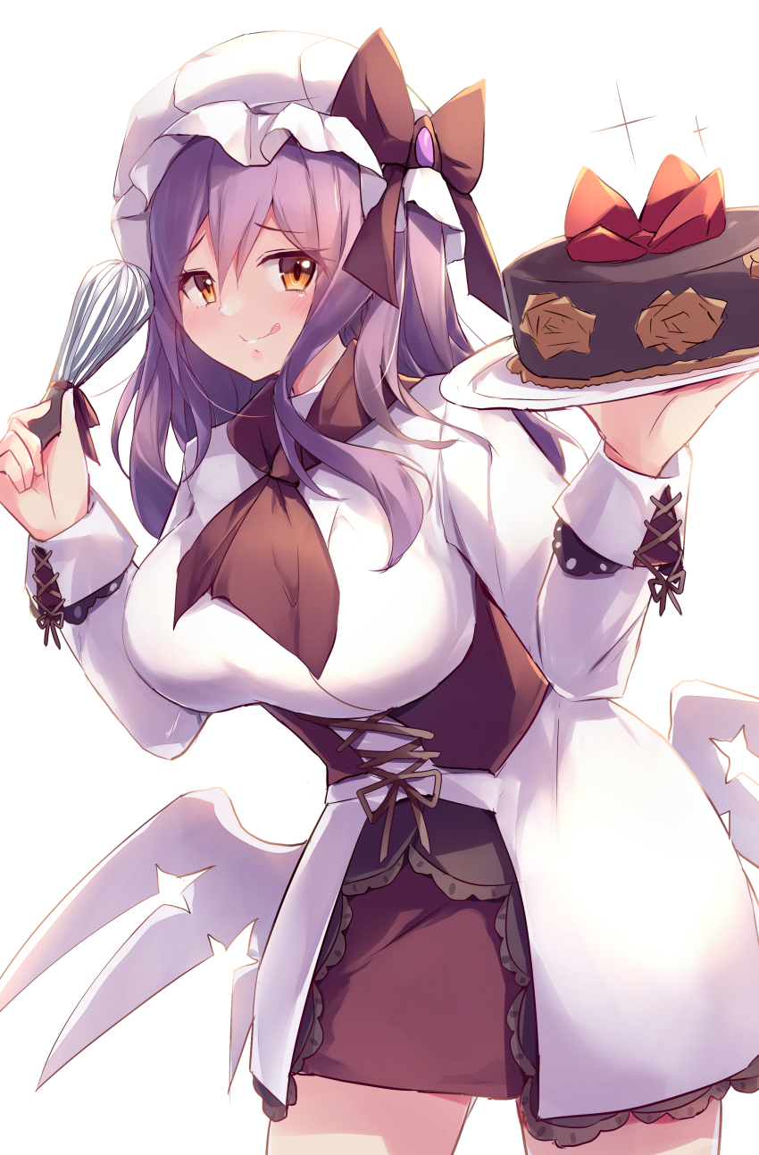 1girl, absurdres, angel_wings, breasts, cake, corset, cowboy_shot, dress