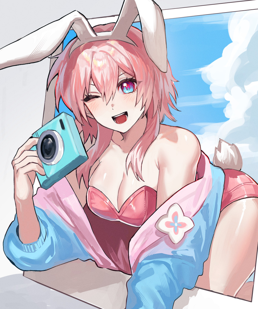 1girl, ;d, animal_ears, blue_eyes, blue_jacket, breasts, camera, cleavage, fake_animal_ears, fake_tail, hairband, highres, holding, holding_camera, honkai:_star_rail, honkai_(series), jacket, large_breasts, leaning_forward, leotard, long_hair, long_sleeves, looking_at_viewer, march_7th_(honkai:_star_rail), nongxy_nonshi, one_eye_closed, open_mouth, pink_hair, pink_leotard, playboy_bunny, rabbit_ears, rabbit_tail, smile, solo, strapless, strapless_leotard, tail, thighs, white_hairband
