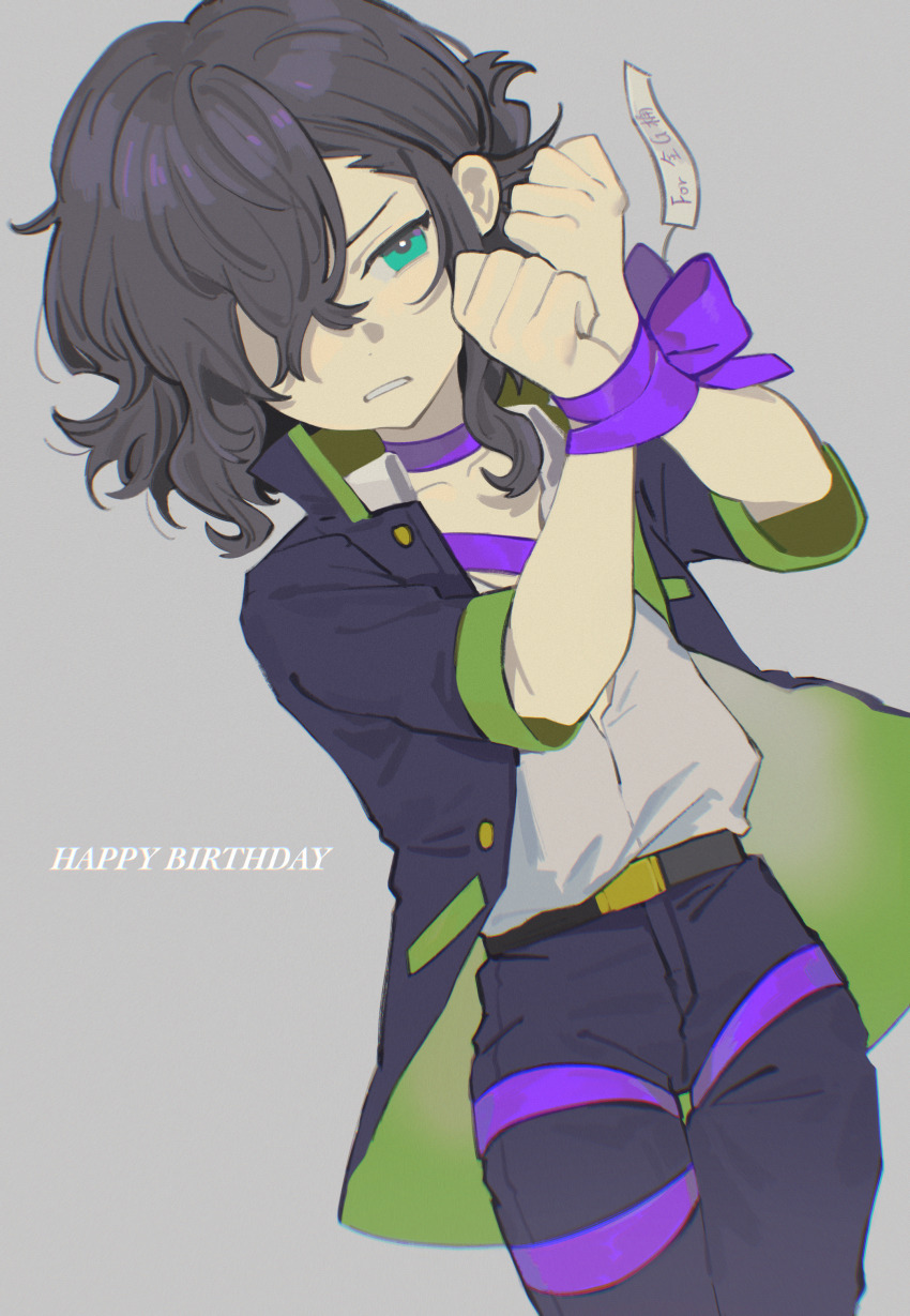 1boy, absurdres, aqua_eyes, belt, black_coat, black_hair, black_pants, bound, choker, clenched_teeth, coat, collared_shirt, cowboy_shot, crossed_bangs, curly_hair, green_coat, grey_background, hair_over_one_eye, hands_up, happy_birthday, highres, kirigakure_ranto, leg_ribbon, male_focus, medium_hair, open_clothes, open_coat, open_collar, pants, parted_lips, purple_choker, purple_ribbon, ribbon, ribbon_bondage, shirt, shirt_tucked_in, short_sleeves, simple_background, teeth, thigh_ribbon, trap, white_shirt, wo-de-ma, youkai_watch