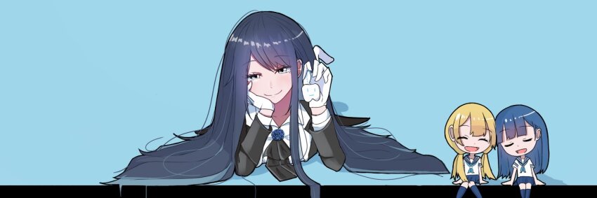 3girls, ado_(utaite), aoi_(ado), black_eyes, black_pants, blonde_hair, blue_background, blue_eyes, blue_flower, blue_hair, blue_neckerchief, blue_rose, blue_skirt, blue_socks, brooch, chando_(ado), chibi, closed_eyes, collared_shirt, colored_inner_hair, commentary_request, dress_shirt, flower, flower_brooch, gloves, grey_skirt, hair_spread_out, head_rest, himawari_(ado), hinata_(ado), kneehighs, long_hair, long_sleeves, looking_at_viewer, low_twintails, lying, mole, mole_under_eye, multicolored_hair, multiple_girls, neck_ribbon, neckerchief, on_stomach, open_mouth, pants, pleated_skirt, ribbon, rose, school_uniform, serafuku, shirt, short_sleeves, sidelocks, sitting, skirt, socks, sweater, tanake_(tanakei_ado), twintails, variant_set, vest, white_gloves, white_shirt