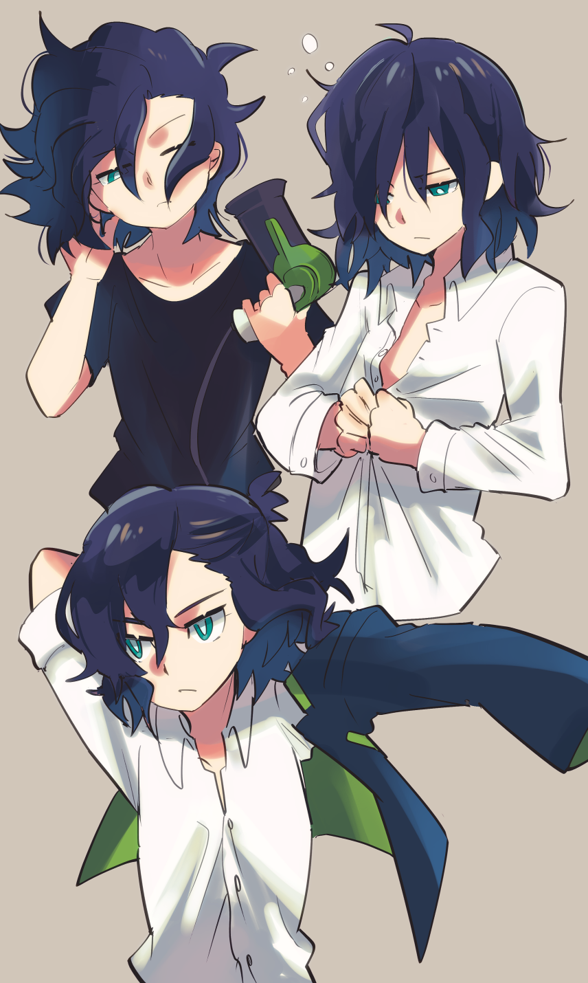 1boy, adjusting_hair, aqua_eyes, arm_behind_head, arm_up, bishounen, black_hair, black_jacket