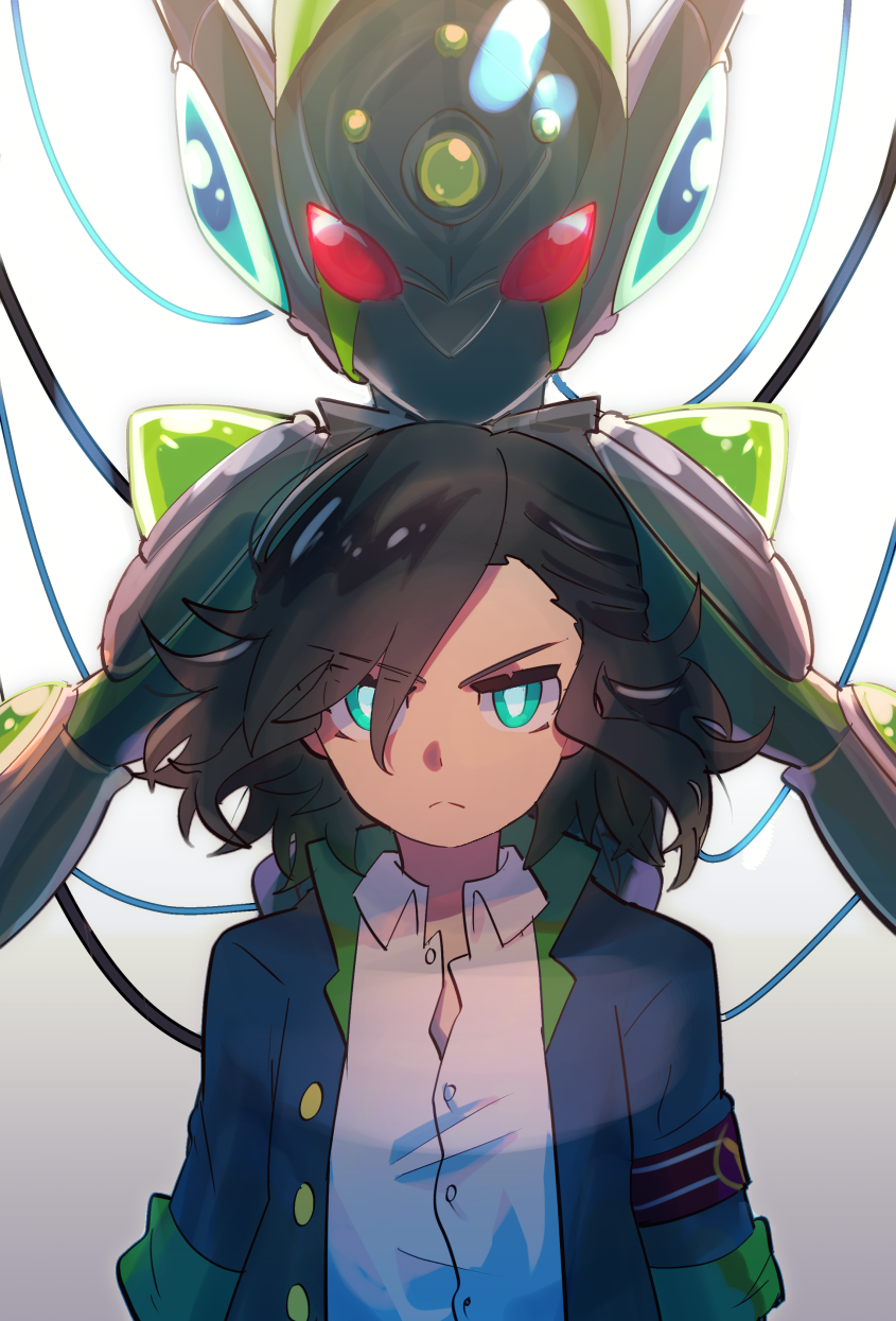 1boy, aqua_eyes, arms_at_sides, backlighting, behind_another, black_hair, black_jacket, bright_pupils